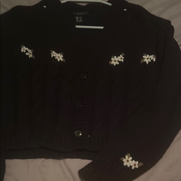 Forever 21 Black Cardigan with White Floral Embroidery - Picture 1 of 3